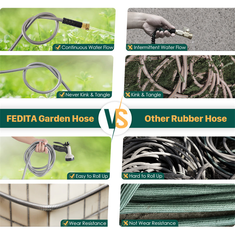 Metal Garden Hose 50ft & 100ft Stainless Steel Flexible, Kink-Free Water Hose with 10 Spray Patterns & 2 Nozzles