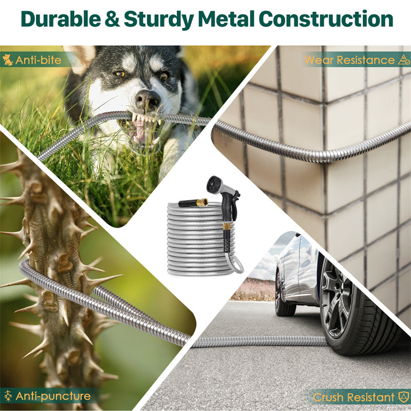 Metal Garden Hose 50ft & 100ft Stainless Steel Flexible, Kink-Free Water Hose with 10 Spray Patterns & 2 Nozzles