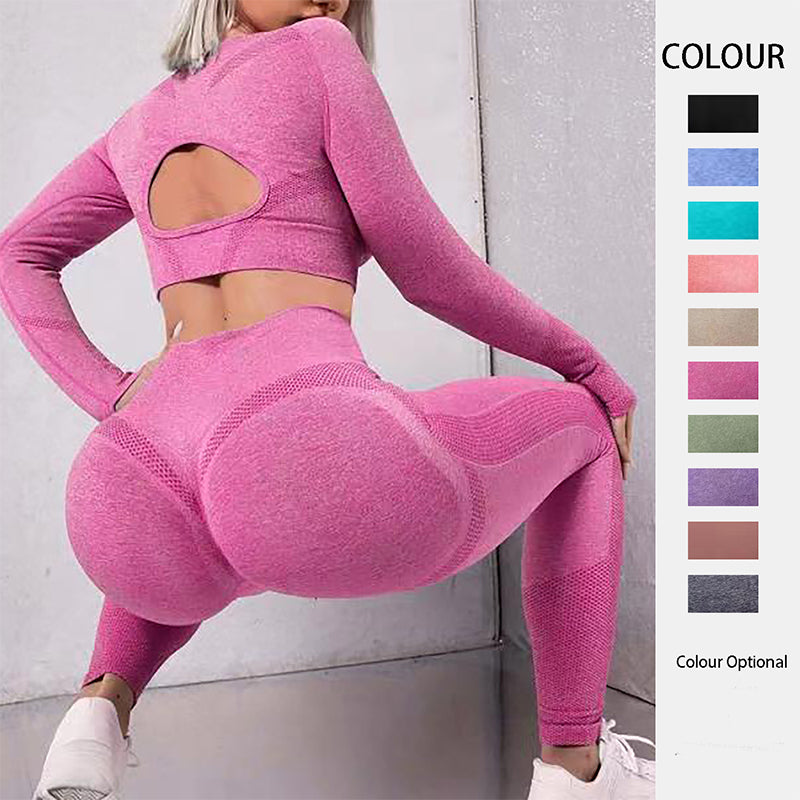 2pcs Sports Suits Long Sleeve Hollow Design Tops And Butt Lifting High Waist Seamless Fitness Leggings