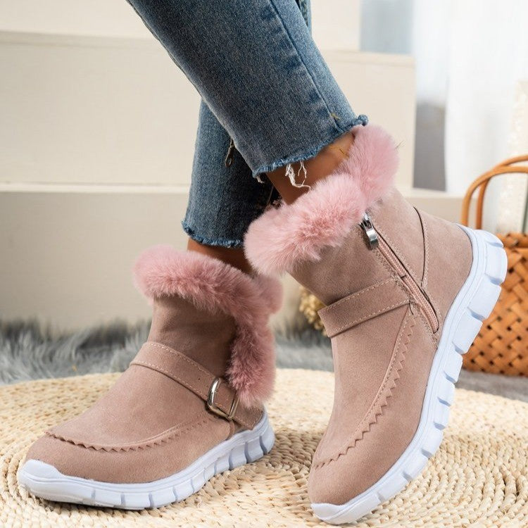 Boots Winter Warm Thickened Solid Color Plush Ankle Boots With Buckle Design