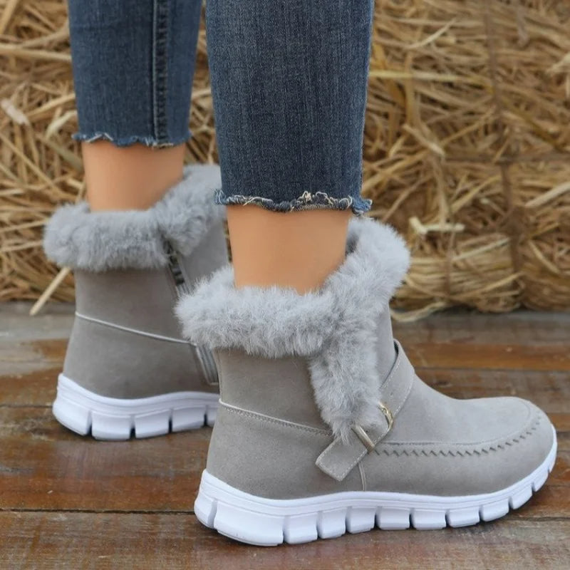 Boots Winter Warm Thickened Solid Color Plush Ankle Boots With Buckle Design