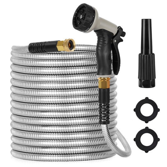 Metal Garden Hose 50ft & 100ft Stainless Steel Flexible, Kink-Free Water Hose with 10 Spray Patterns & 2 Nozzles