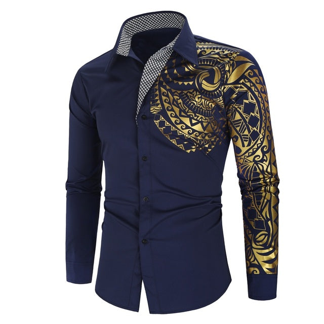 Luxury Gold Black Shirt Men Slim Fit Long Sleeve