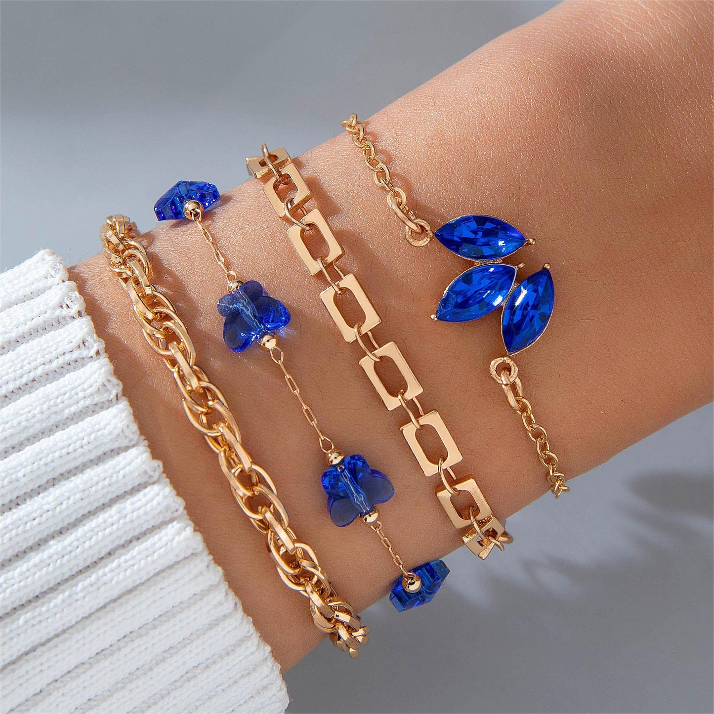 Blue Flower Love Butterfly Bracelet 4pcs Set With Rhinestones Design