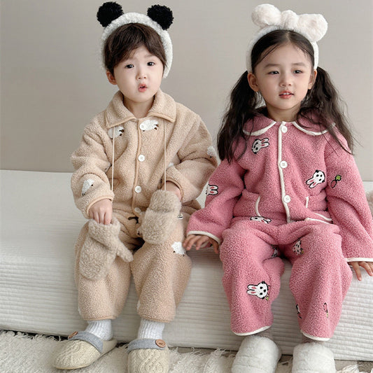 Children's Cartoon Lamb Wool Double-sided Velvet Thickened Pajamas Set