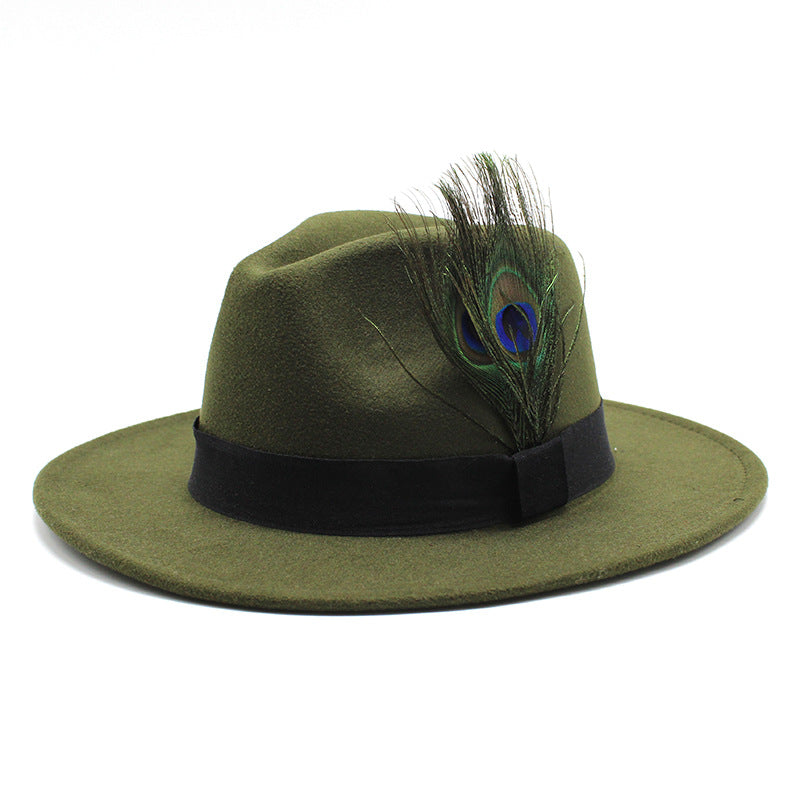 Women's Woolen Big Brim Peacock Feather Casual Sun Hat