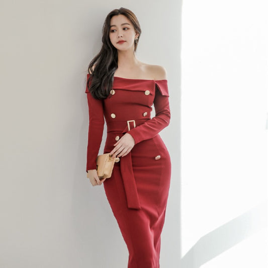 One-neck Belt Waist Slimming Back Split Hip Skirt