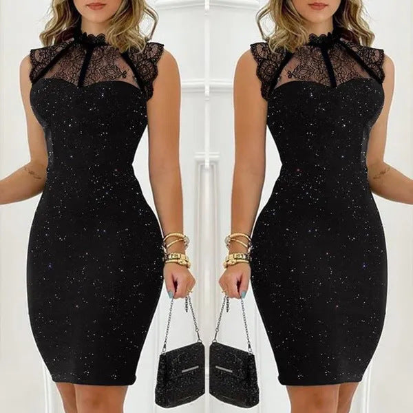 Black Paillette Sleeveless Lace Short Tight Dress