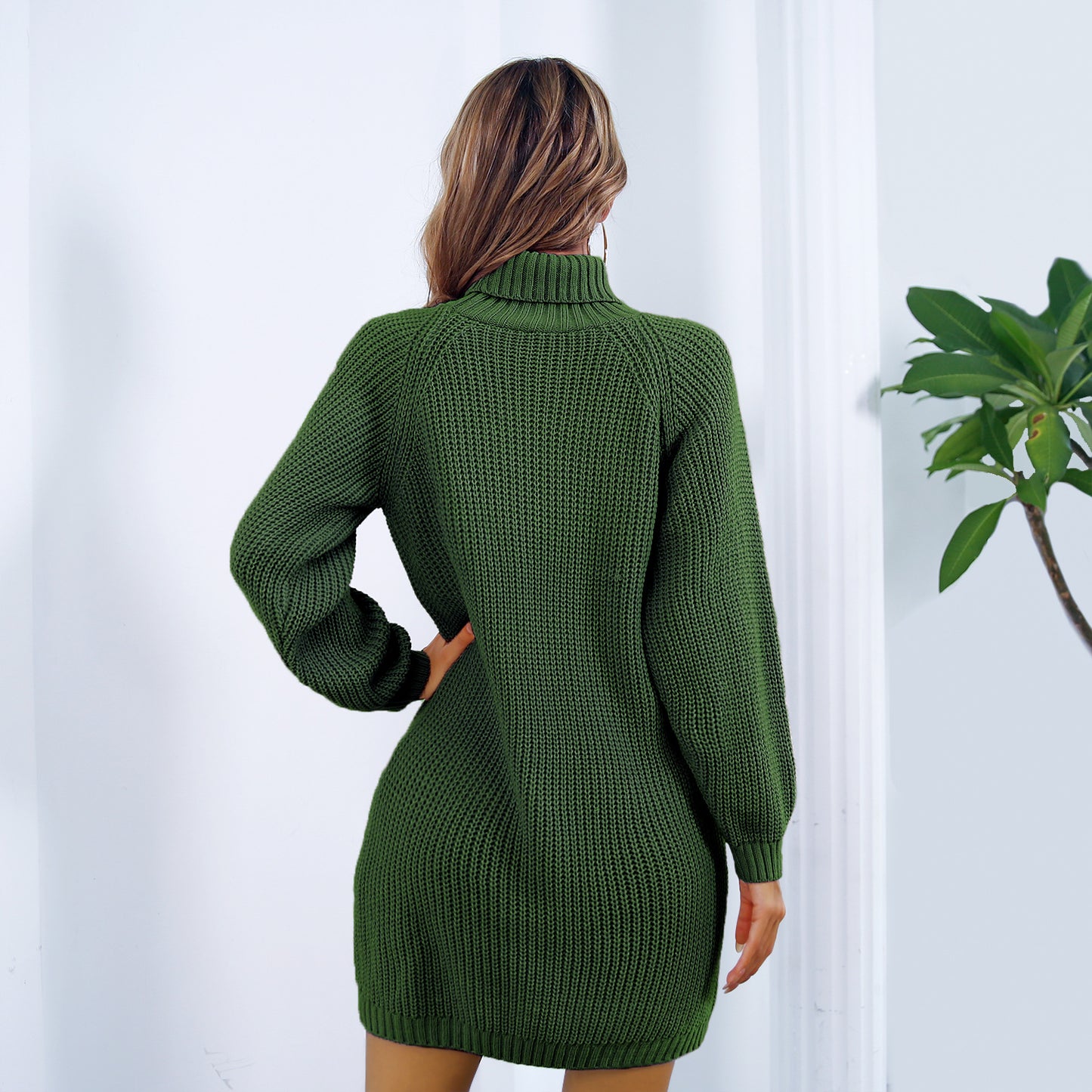 Turtleneck Long Sweater Dress With Button Design Leisure Clinch Long Sleeve Base Sweater