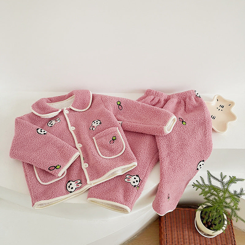 Children's Cartoon Lamb Wool Double-sided Velvet Thickened Pajamas Set