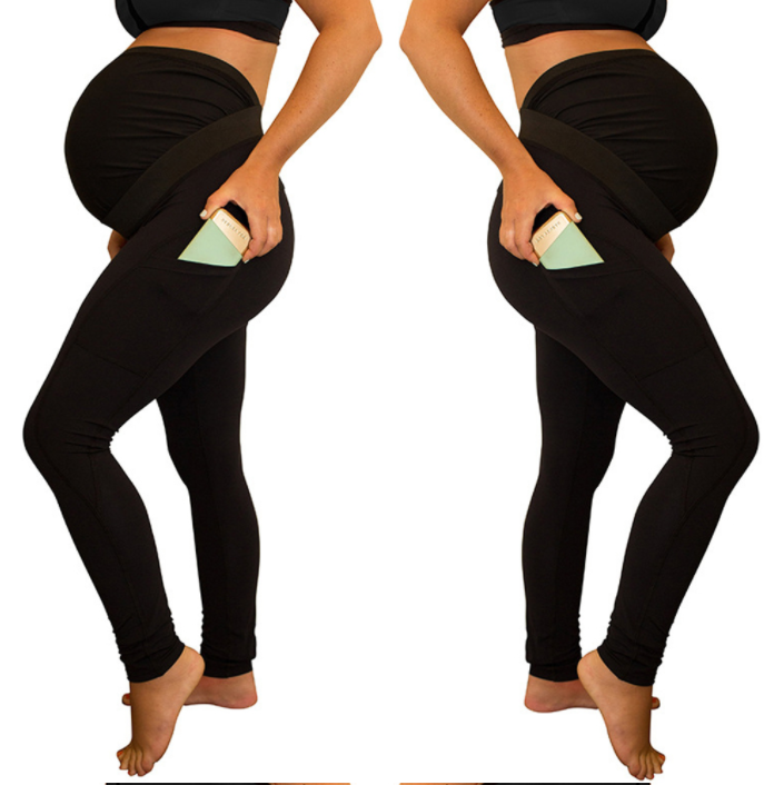 Pure Color Panel Long and High Waist Side Pocket Maternity Pants