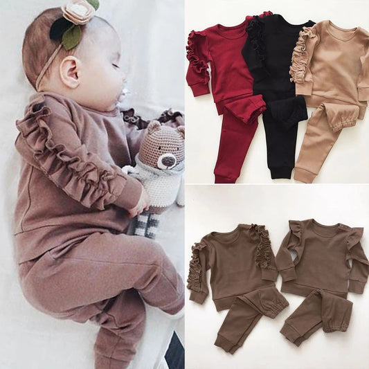 Newborn Baby Boys Girls Ruffles Jumper Solid Long Sleeve Sweatshirt Tops Pants Infant Kids 2Pcs Outfits