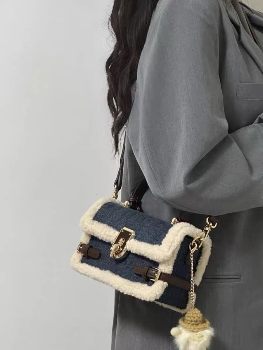 Patchwork Denim Lamb Wool All-match Messenger Bag