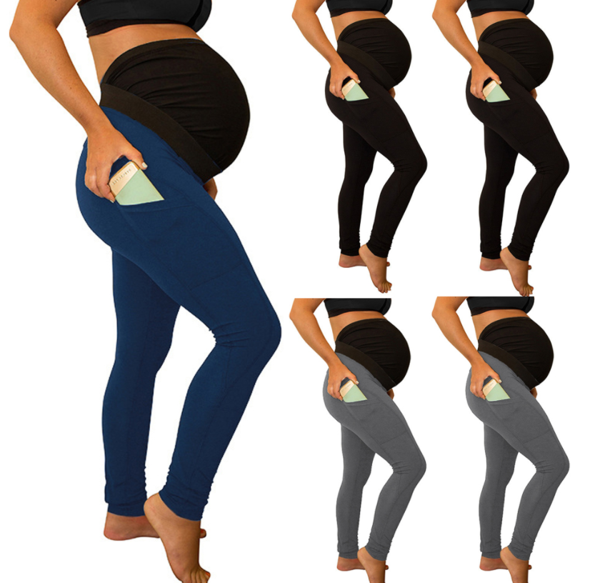 Pure Color Panel Long and High Waist Side Pocket Maternity Pants