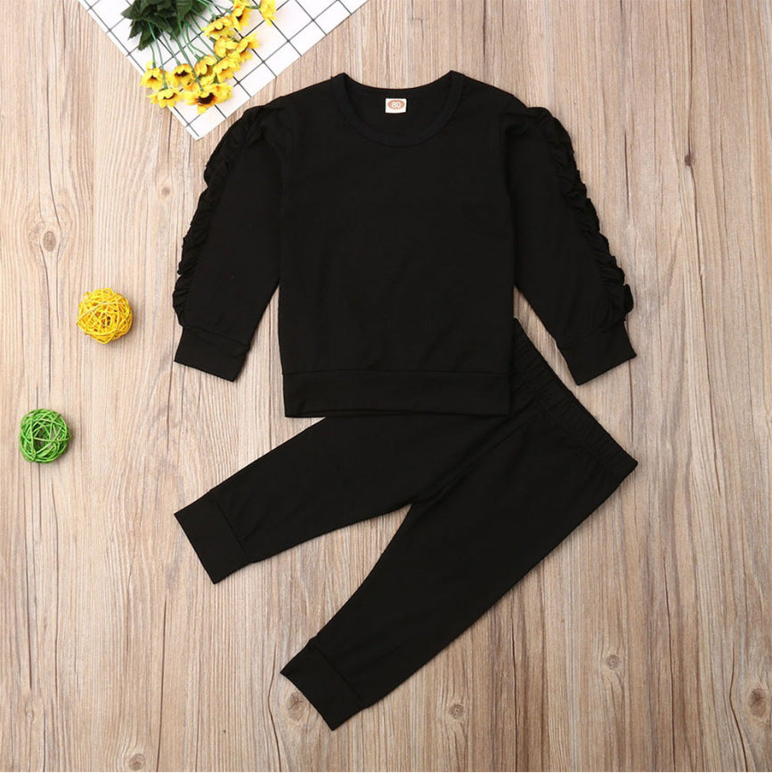 Newborn Baby Boys Girls Ruffles Jumper Solid Long Sleeve Sweatshirt Tops Pants Infant Kids 2Pcs Outfits