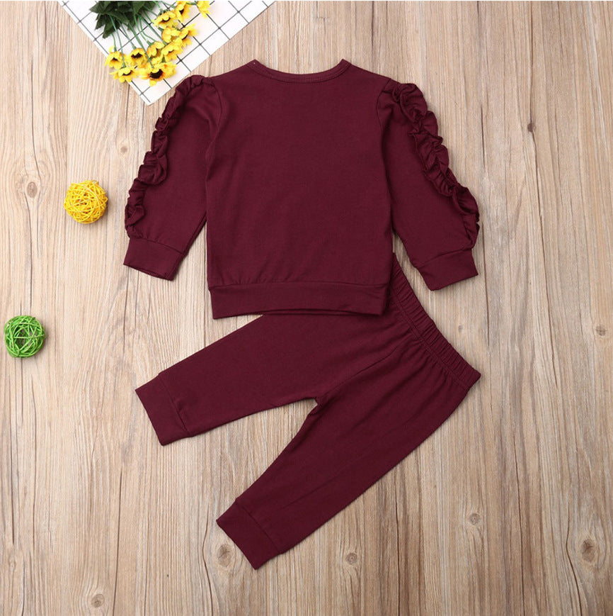 Newborn Baby Boys Girls Ruffles Jumper Solid Long Sleeve Sweatshirt Tops Pants Infant Kids 2Pcs Outfits