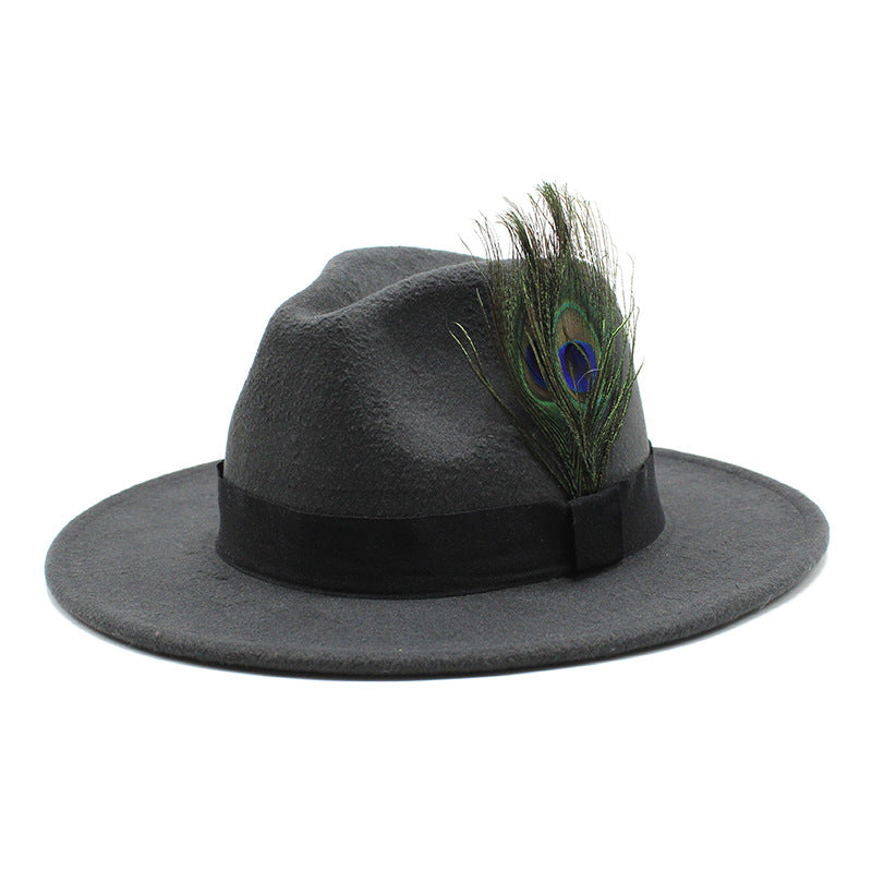 Women's Woolen Big Brim Peacock Feather Casual Sun Hat