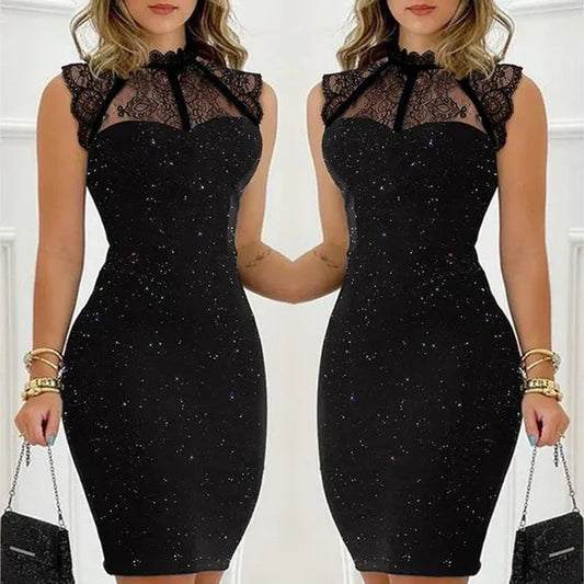 Black Paillette Sleeveless Lace Short Tight Dress