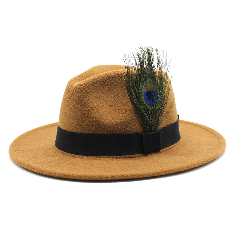 Women's Woolen Big Brim Peacock Feather Casual Sun Hat