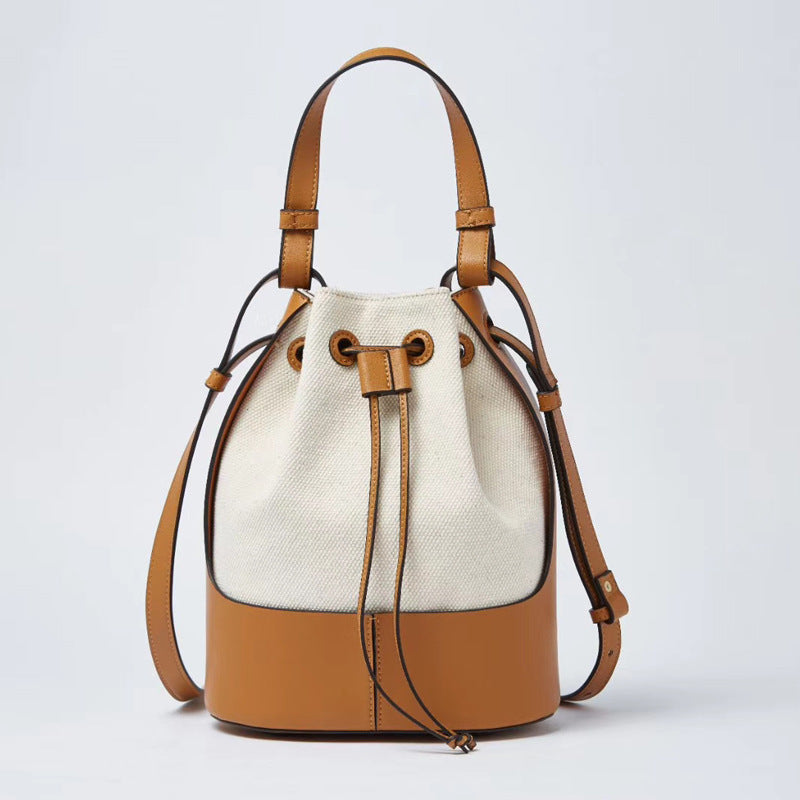 stitching canvas drawstring bucket bag