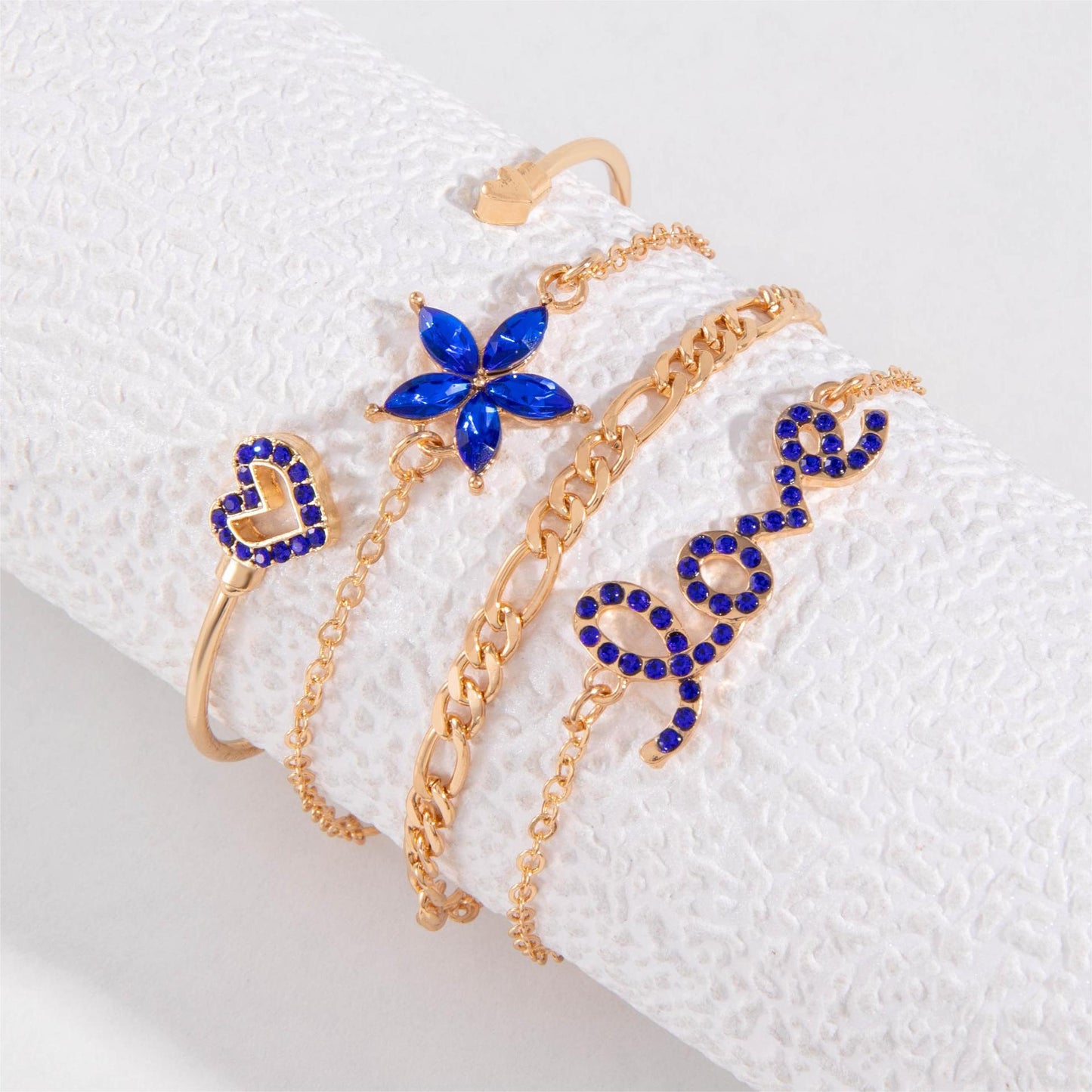 Blue Flower Love Butterfly Bracelet 4pcs Set With Rhinestones Design