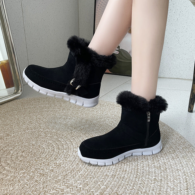 Boots Winter Warm Thickened Solid Color Plush Ankle Boots With Buckle Design