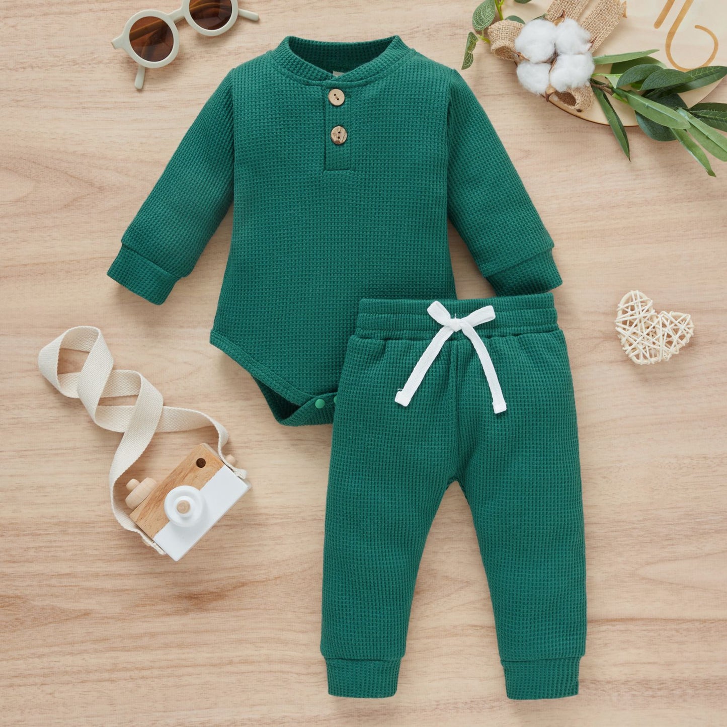 Cotton Waffle Stand Collar Romper Trousers Two-piece Set