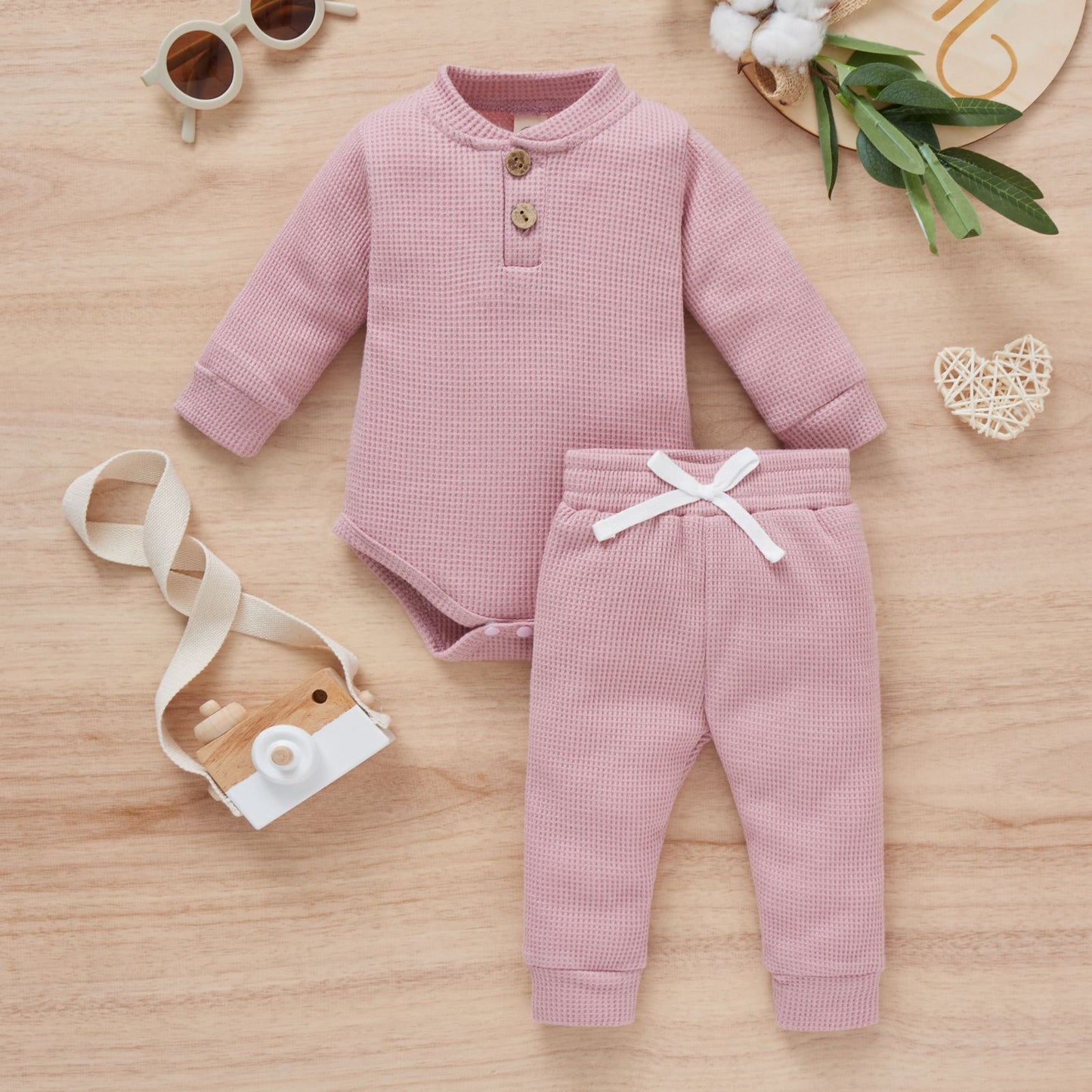 Cotton Waffle Stand Collar Romper Trousers Two-piece Set