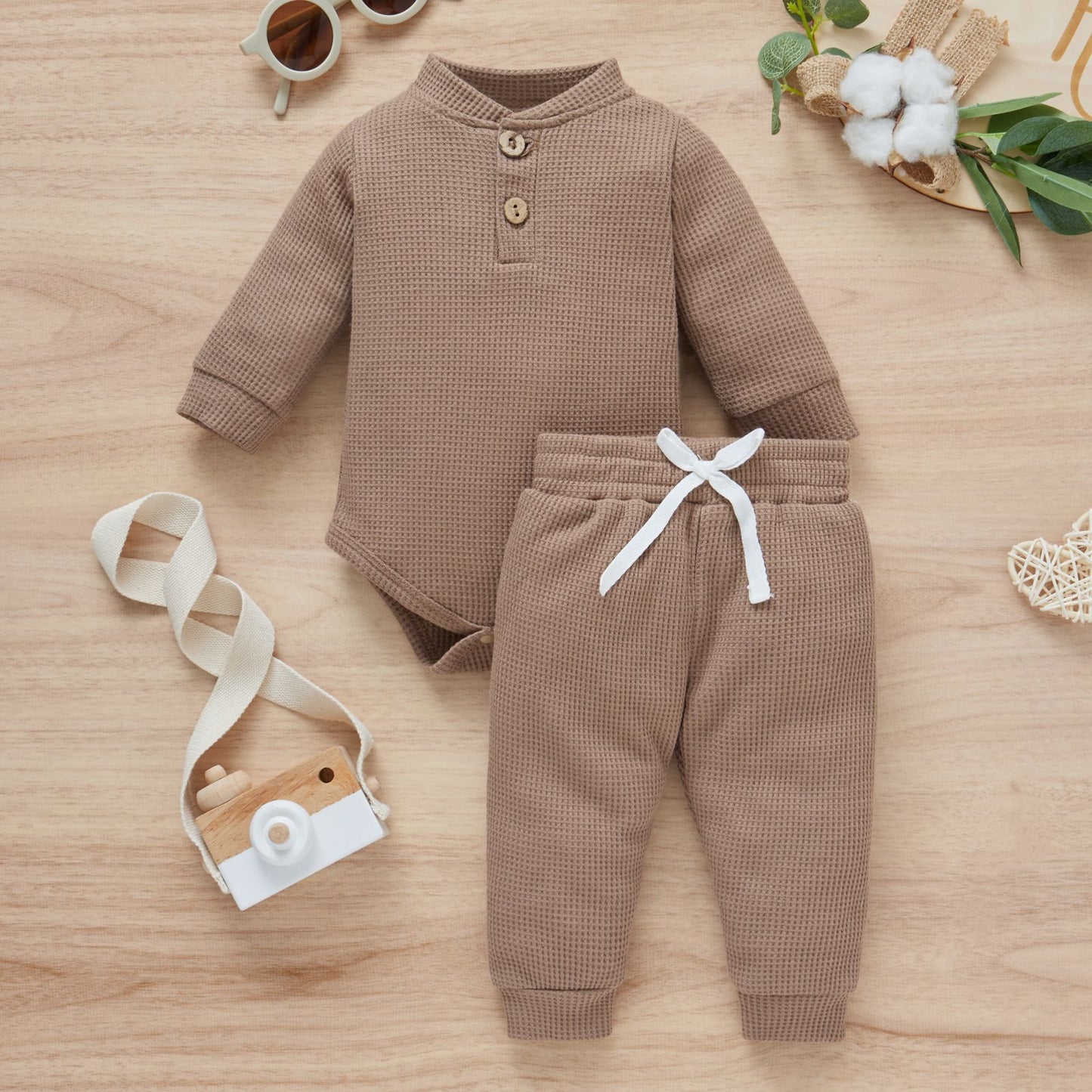 Cotton Waffle Stand Collar Romper Trousers Two-piece Set