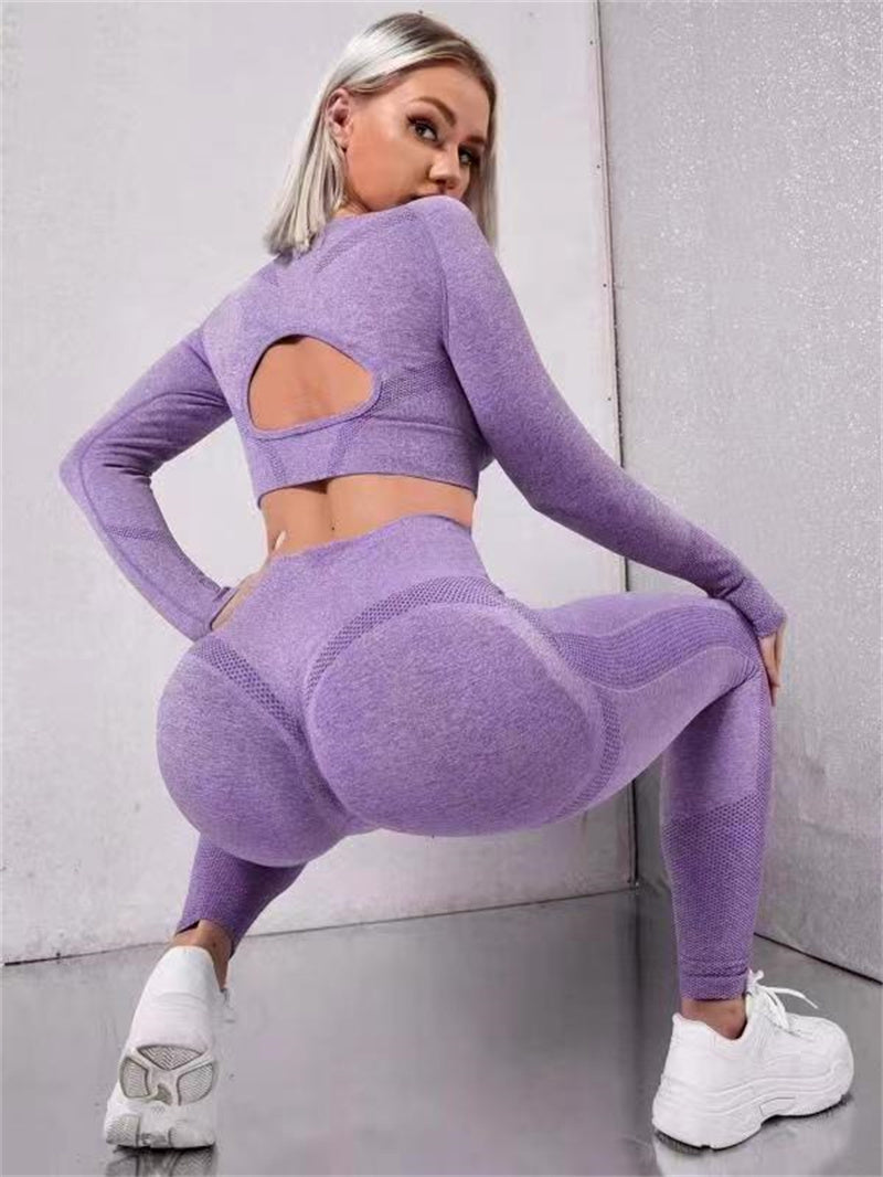 2pcs Sports Suits Long Sleeve Hollow Design Tops And Butt Lifting High Waist Seamless Fitness Leggings