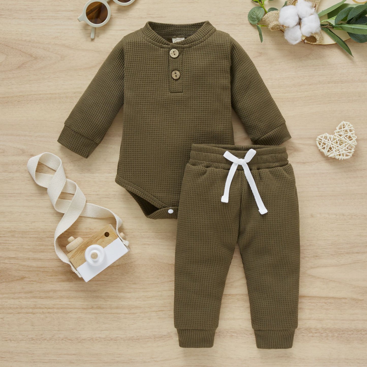 Cotton Waffle Stand Collar Romper Trousers Two-piece Set