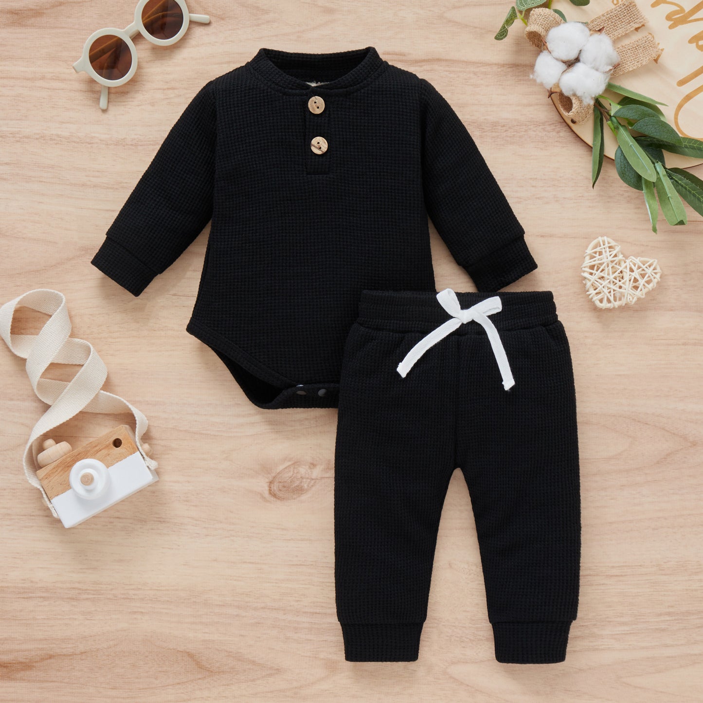 Cotton Waffle Stand Collar Romper Trousers Two-piece Set