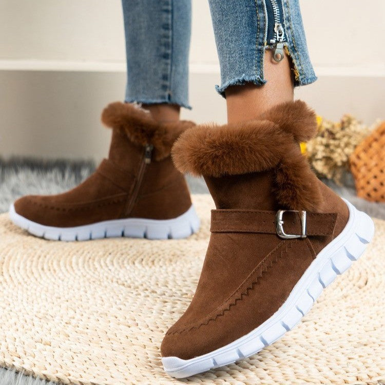 Boots Winter Warm Thickened Solid Color Plush Ankle Boots With Buckle Design