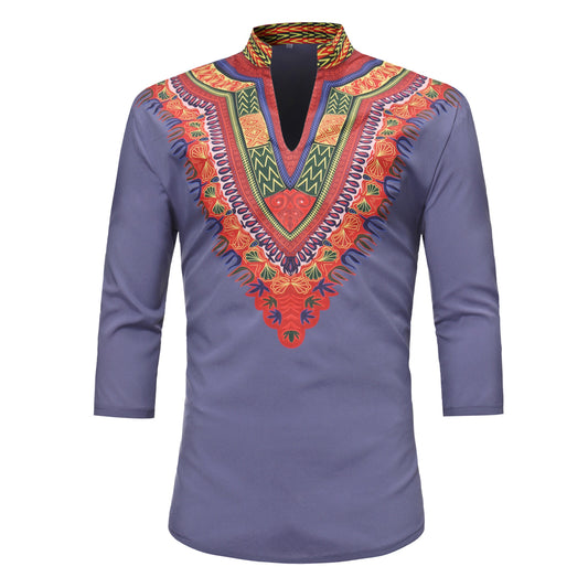 Men's Standing Collar African Native Character Print Three-quarter Sleeves