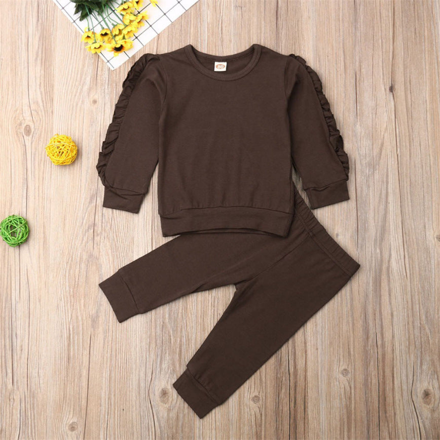 Newborn Baby Boys Girls Ruffles Jumper Solid Long Sleeve Sweatshirt Tops Pants Infant Kids 2Pcs Outfits