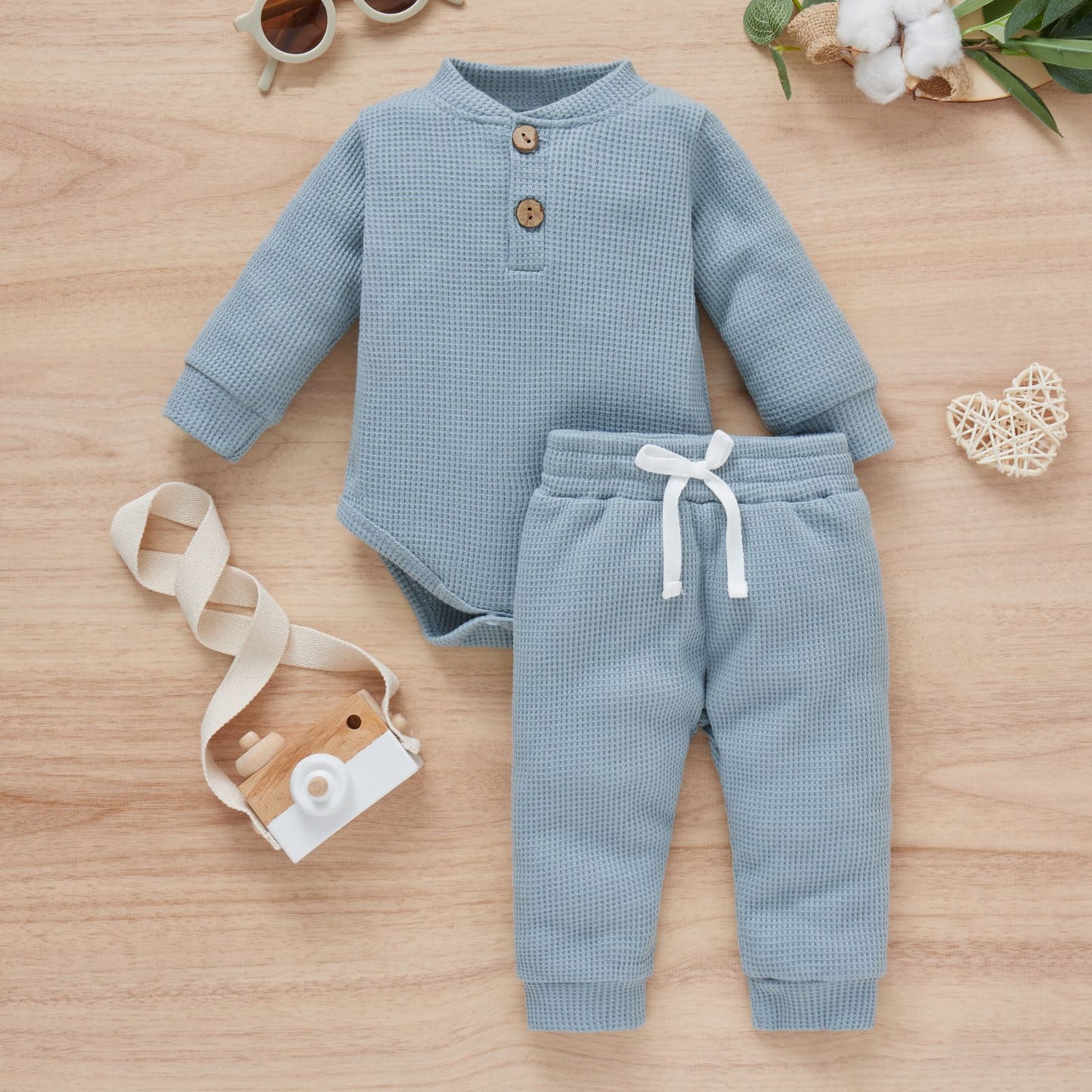 Cotton Waffle Stand Collar Romper Trousers Two-piece Set