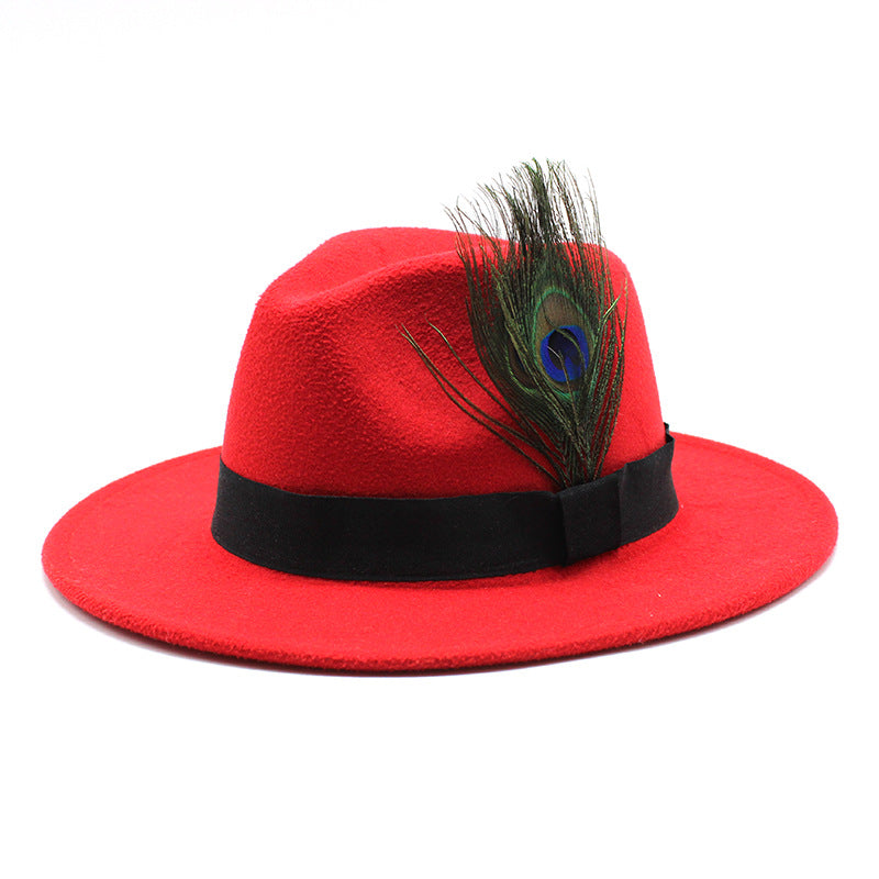 Women's Woolen Big Brim Peacock Feather Casual Sun Hat