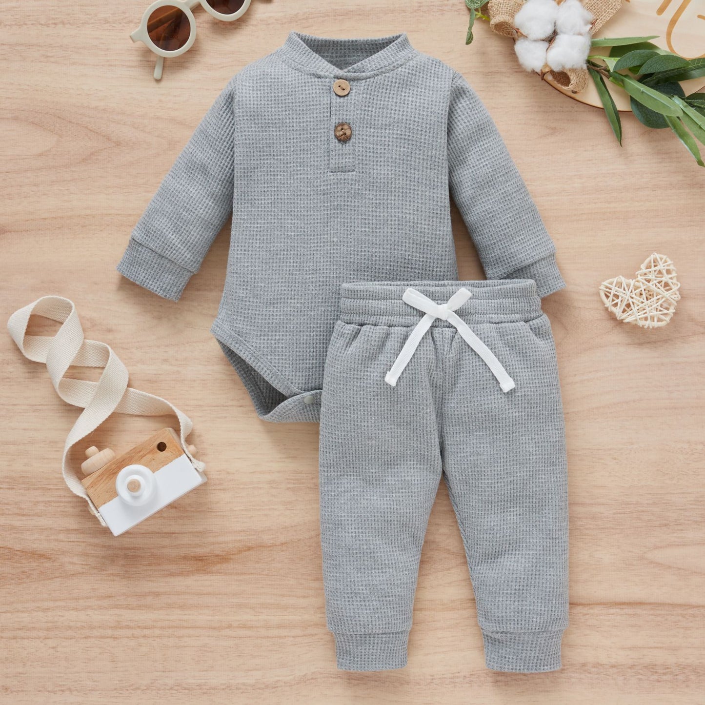 Cotton Waffle Stand Collar Romper Trousers Two-piece Set