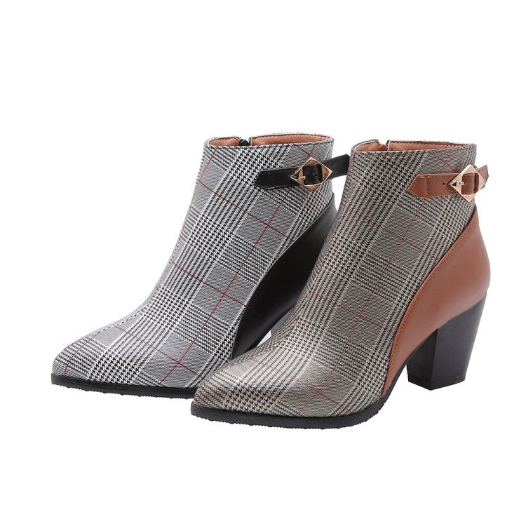 Retro Check Pattern Pointed Toe Ankle Boots Chunky Heel Ankle Boots