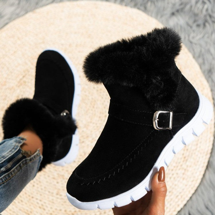 Boots Winter Warm Thickened Solid Color Plush Ankle Boots With Buckle Design