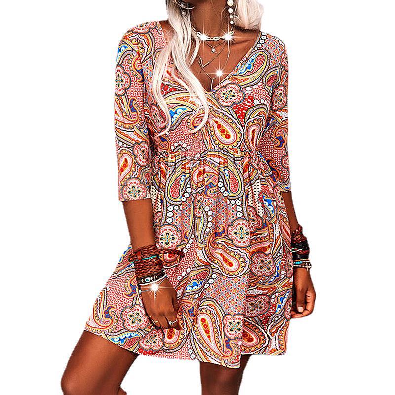 Printed V-Neck 3/4 Sleeve Casual Dress