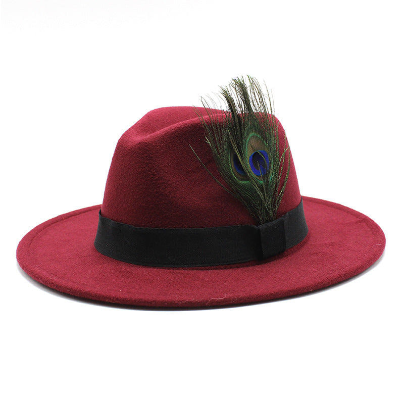 Women's Woolen Big Brim Peacock Feather Casual Sun Hat