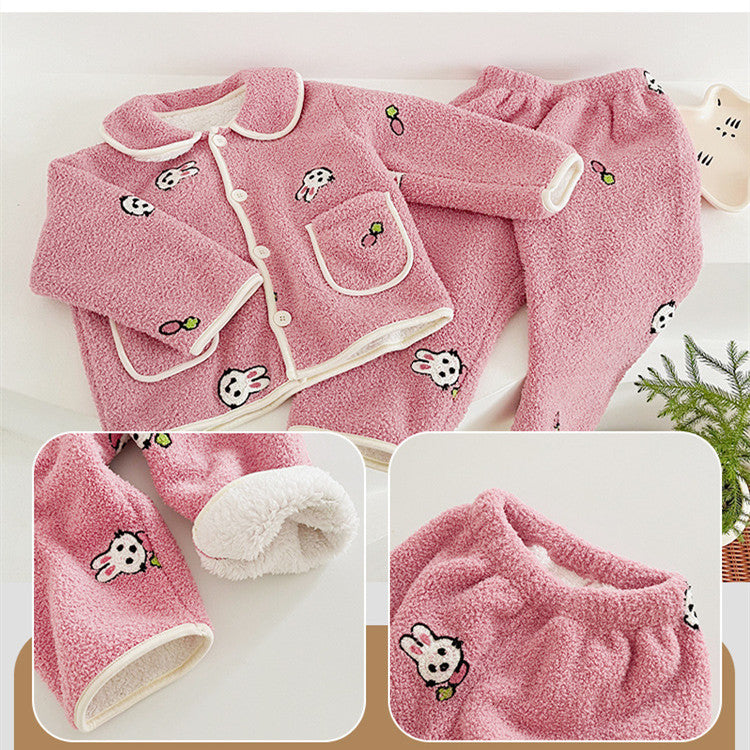 Children's Cartoon Lamb Wool Double-sided Velvet Thickened Pajamas Set