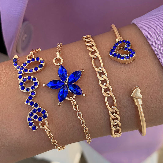 Blue Flower Love Butterfly Bracelet 4pcs Set With Rhinestones Design