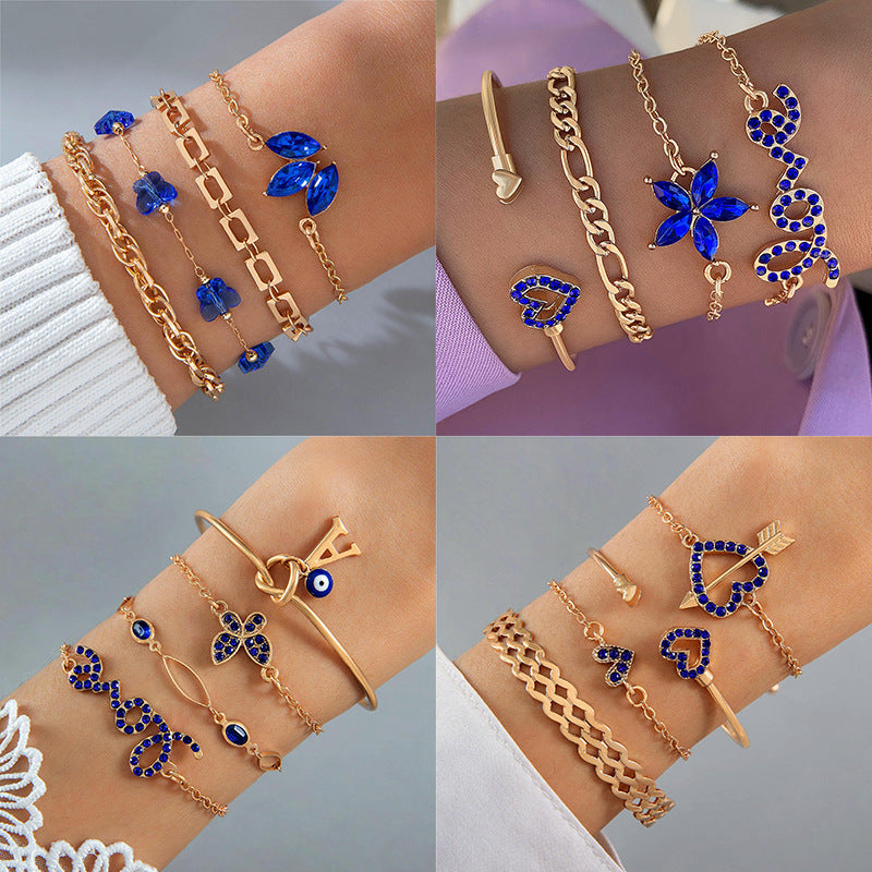 Blue Flower Love Butterfly Bracelet 4pcs Set With Rhinestones Design