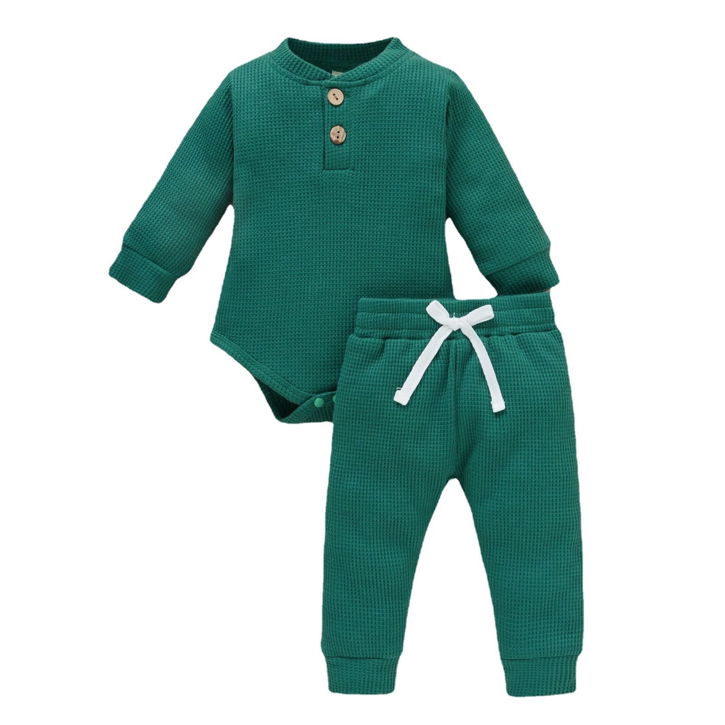 Cotton Waffle Stand Collar Romper Trousers Two-piece Set