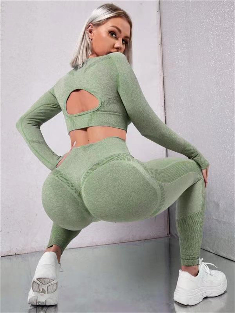 2pcs Sports Suits Long Sleeve Hollow Design Tops And Butt Lifting High Waist Seamless Fitness Leggings