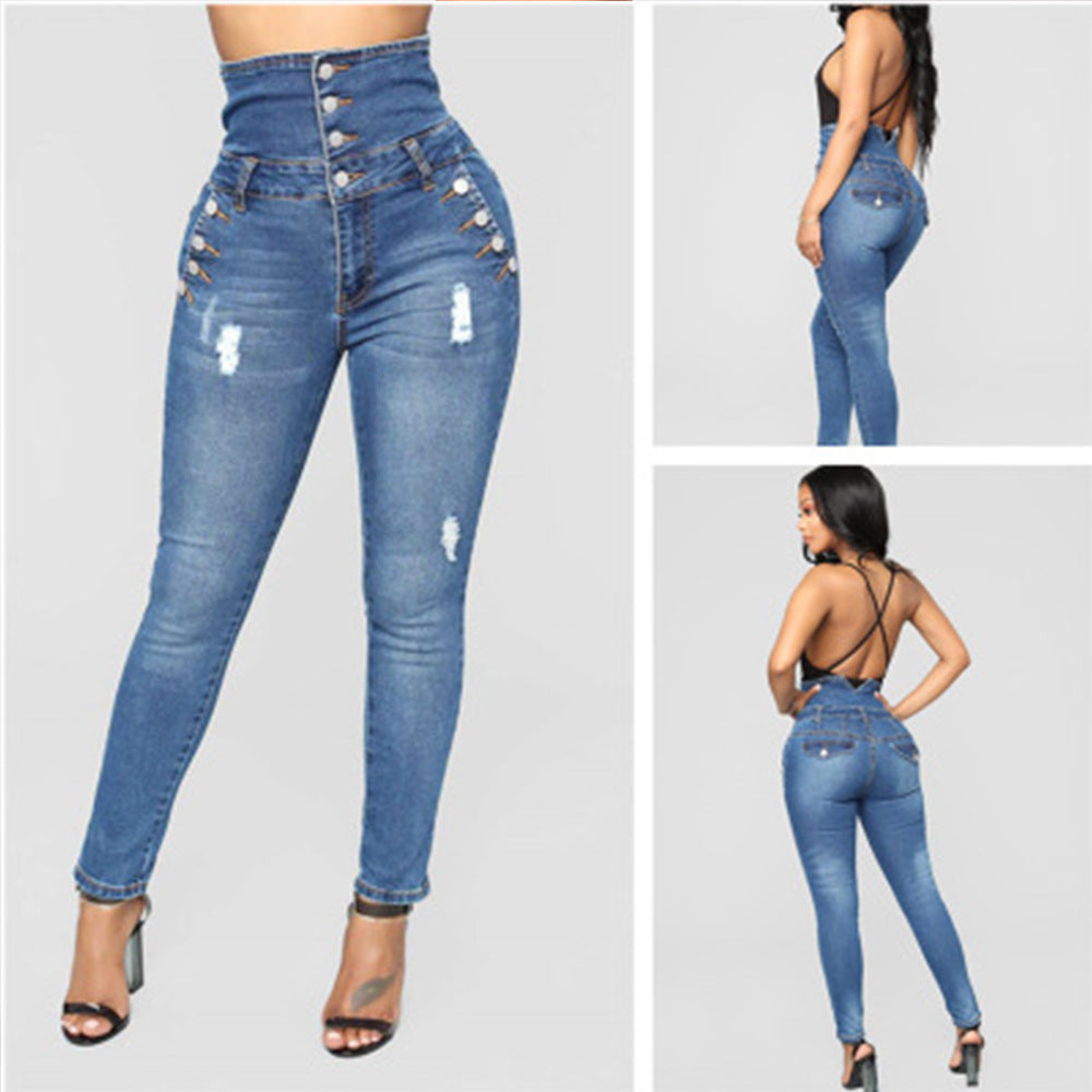 High stretch waist skinny denim long pencil pants plus size women's jeans