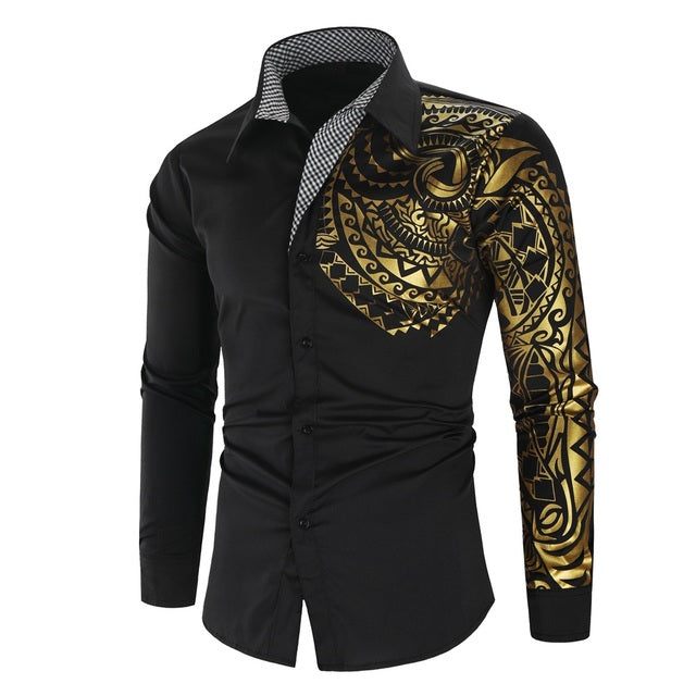 Luxury Gold Black Shirt Men Slim Fit Long Sleeve