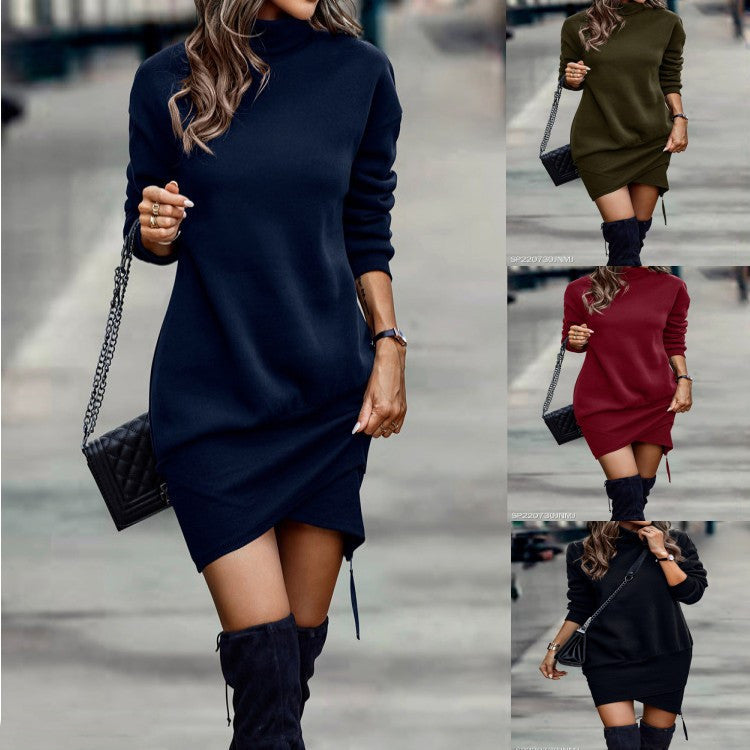 Solid Color High Neck Cross Short Dress